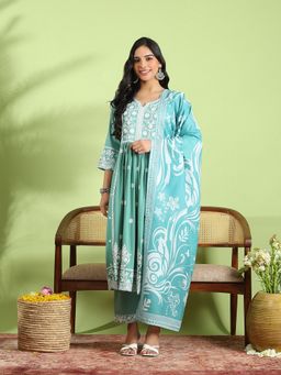 MEENA BAZAAR - Embroidered Cotton Blue Kurta with Pant and Dupatta