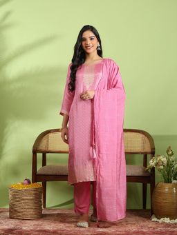 MEENA BAZAAR - Woven Cotton Pink Kurta with Pant and Dupatta