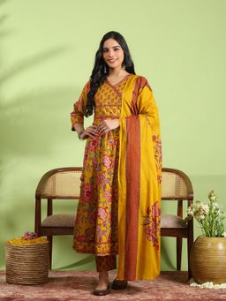 MEENA BAZAAR - Printed Cotton Mustard Angarkha Kurta with Pant and Dupatta