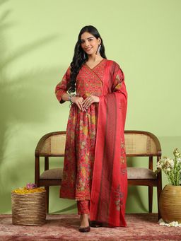 MEENA BAZAAR - Printed Cotton Pink Angarkha Kurta with Pant and Dupatta