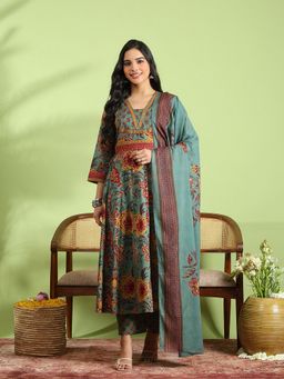 MEENA BAZAAR - Printed Cotton Green Kurta with Pant and Dupatta