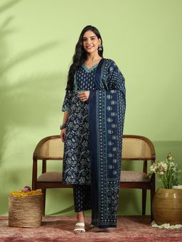 MEENA BAZAAR - Printed Cotton Navy Blue Kurta with Pant and Dupatta