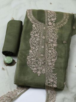 MEENA BAZAAR - Embroidered Art Silk Green Unstitched Kurta with Bottom and Dupatta