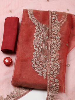 MEENA BAZAAR - Embroidered Art Silk Rust Unstitched Kurta with Bottom and Dupatta