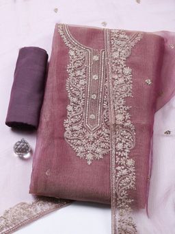 MEENA BAZAAR - Embroidered Art Silk Purple Unstitched Kurta with Bottom and Dupatta