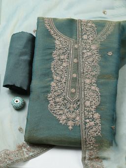 MEENA BAZAAR - Embroidered Art Silk Green Unstitched Kurta with Bottom and Dupatta
