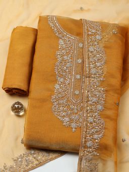 MEENA BAZAAR - Embroidered Art Silk Mustard Unstitched Kurta with Bottom and Dupatta