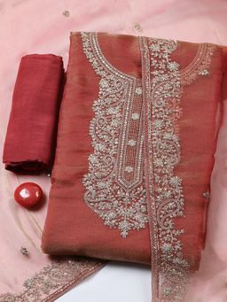 MEENA BAZAAR - Embroidered Art Silk Rust Unstitched Kurta with Bottom and Dupatta