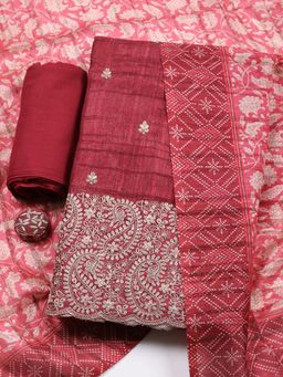 MEENA BAZAAR - Embroidered Art Silk Maroon Unstitched Kurta with Bottom and Dupatta