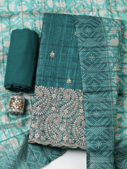 MEENA BAZAAR - Embroidered Art Silk Green Unstitched Kurta with Bottom and Dupatta
