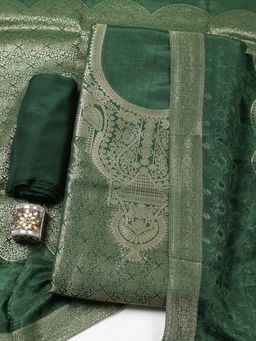 MEENA BAZAAR - Chanderi Green Unstitched Kurta with Bottom and Dupatta
