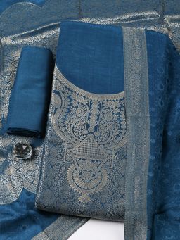 MEENA BAZAAR - Embroidered Chanderi Blue Unstitched Kurta with Bottom and Dupatta