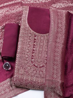 MEENA BAZAAR - Embroidered Art Silk Wine Unstitched Kurta with Bottom and Dupatta