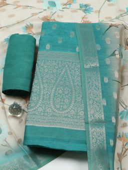MEENA BAZAAR - Embroidered Chanderi Green Unstitched Kurta with Bottom and Dupatta