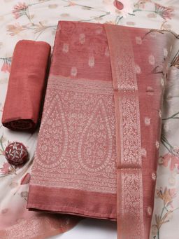 MEENA BAZAAR - Embroidered Chanderi Rust Unstitched Kurta with Bottom and Dupatta
