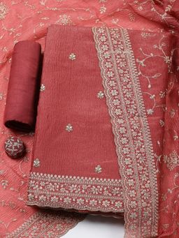 MEENA BAZAAR - Woven Chanderi Peach Unstitched Kurta with Bottom and Dupatta