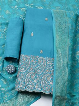 MEENA BAZAAR - Woven Chanderi Blue Unstitched Kurta with Bottom and Dupatta