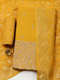MEENA BAZAAR - Woven Chanderi Mustard Unstitched Kurta with Bottom and Dupatta