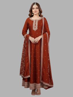 Tansi - Brown Anarkali Kurta with Pant and Dupatta