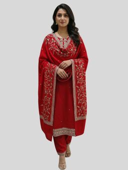 Tansi - Cherry Red Anarkali Kurta with Pant and Dupatta