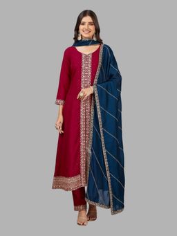 Tansi - Cherry Red Anarkali Kurta with Pant and Dupatta