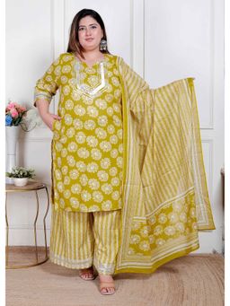 Miravan - Lime Yellow Embroidered Straight Kurta with Palazzo and Dupatta