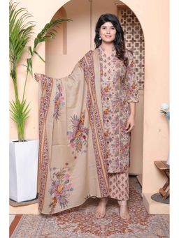 Miravan - Beige Floral Printed Pure Cotton Kurta and Palazzo with Dupatta