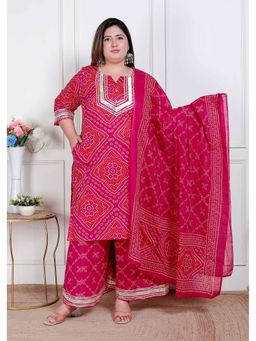 Miravan - Pink Bandhani Printed Straight Kurta with Palazzo and Dupatta