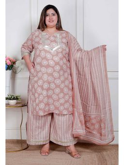 Miravan - Brown Floral Printed Cotton Straight Ethnic Kurta with Palazzo and Dupatta
