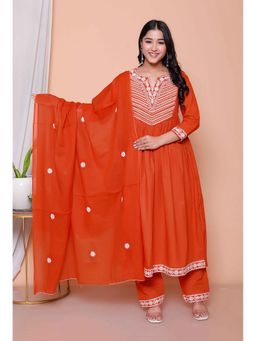 Miravan - Floral Embroidered Rust Kurta and Pant with Dupatta
