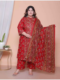 Miravan - Floral Print Cotton Maroon Stitched Kurta Palazzo with Dupatta