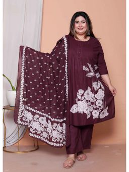 Miravan - Wine Floral Kurta with Pant and Dupatta
