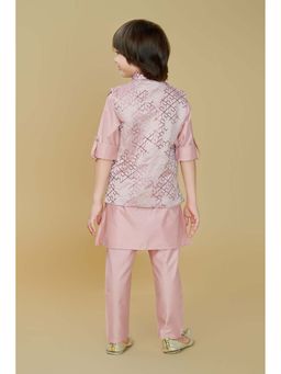 Mini Stitch - Jacquard Woven Full Sleeves Pink Kurta With Pant & Jacket