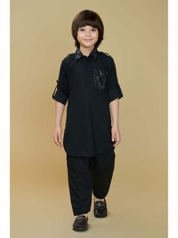 Mini Stitch - Cotton Blend Full Sleeves Foil Printed Black Kurta & Pant