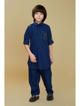 Mini Stitch - Cotton Blend Full Sleeves Foil Printed Blue Kurta & Pant