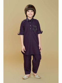 Mini Stitch - Cotton Blend Full Sleeves Foil Printed Wine Kurta & Pant