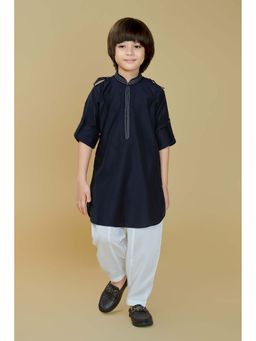 Mini Stitch - Cotton Blend Full Sleeves Solid Navy Blue Kurta & Pant