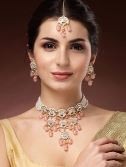 Karatcart - Women Gold Plated Peach Beads Kundan Choker Jewellery Set