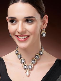 Karatcart - Women Silver-Gold Plated Peacock Studded Polki Jewellery Set
