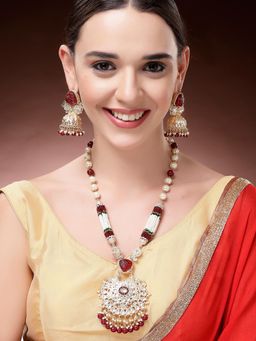 Karatcart - Women Maroon Carved Stone and Pearl Studded Kundan Rani Haar Jewellery Set