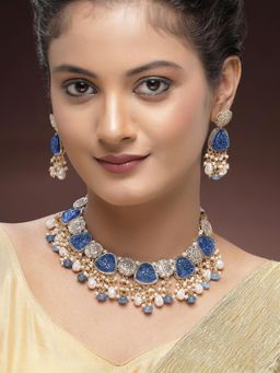 Karatcart - Women Gold-Plated Blue Carved Stone Pearl Jewellery Set
