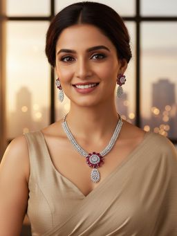 Karatcart - Women Sparkling Red Floral Long American Diamond Silver Plated Jewellery Set