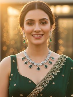 Karatcart - Women Silver Plated Green Teardrop American Diamond Jewellery Set