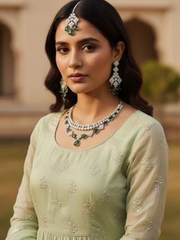 Karatcart - Women Stunning Green American Diamond Silver-Plated Jewellery Set