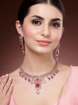 Karatcart - Women Rose Gold Plated Pink Stone American Diamond Jewellery Set