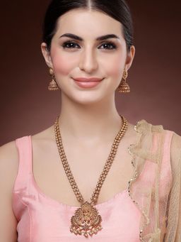 Karatcart - Women Gold Plated Red Stone Laxmi Mata Temple Long Jewellery Set