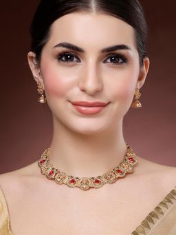 Karatcart - Women Red-Green Stone Laxmi Mata Temple Jewellery Set