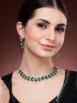 Karatcart - Women Green American Diamond Silver Plated Leaf Design Jewellery Set