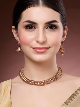 Karatcart - Women Gold Plated Red Engraved Jewellery Set