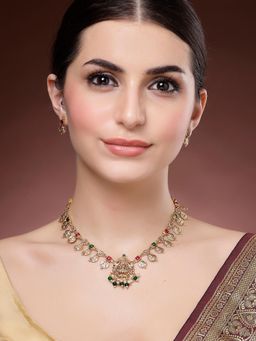 Karatcart - Women Red-Green Beads Engraved Coin Design Laxmi Mata Jewellery Set